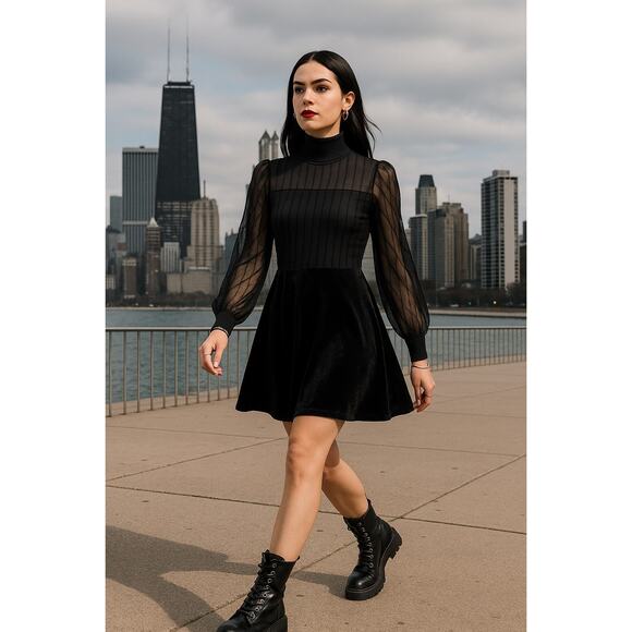 Black Velvet Mesh High Neck Dress | City Girl Goth Evening Vibes - Picture 1 of 13